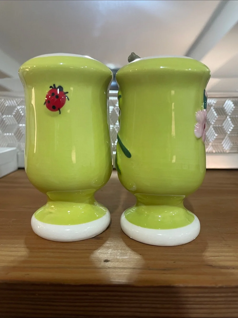 Anthropologie Hand-Painted Lime Green Floral Salt & Pepper Shaker Set